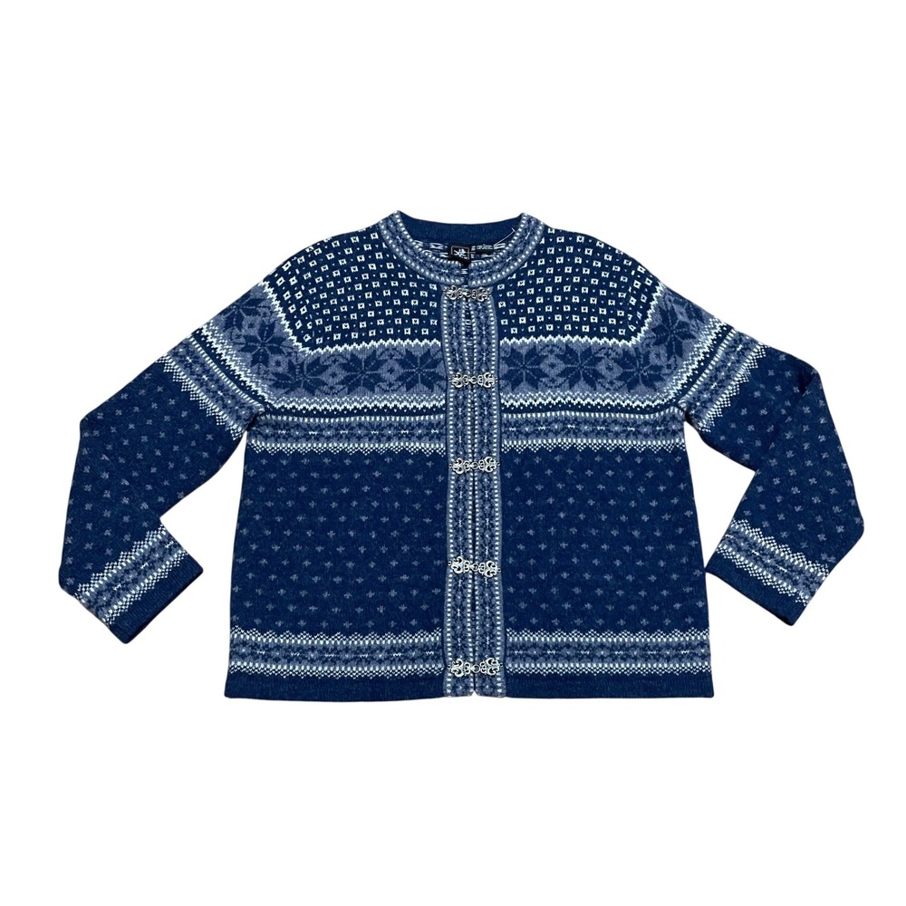 Skyr Women's Lg Blue Wool Nordic Fair Isle Cardigan Metal Clasp Classic Sweater